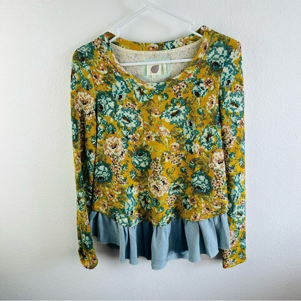 Lilka Yellow Floral Blue Multimedia Long Sleeve Top Size XS